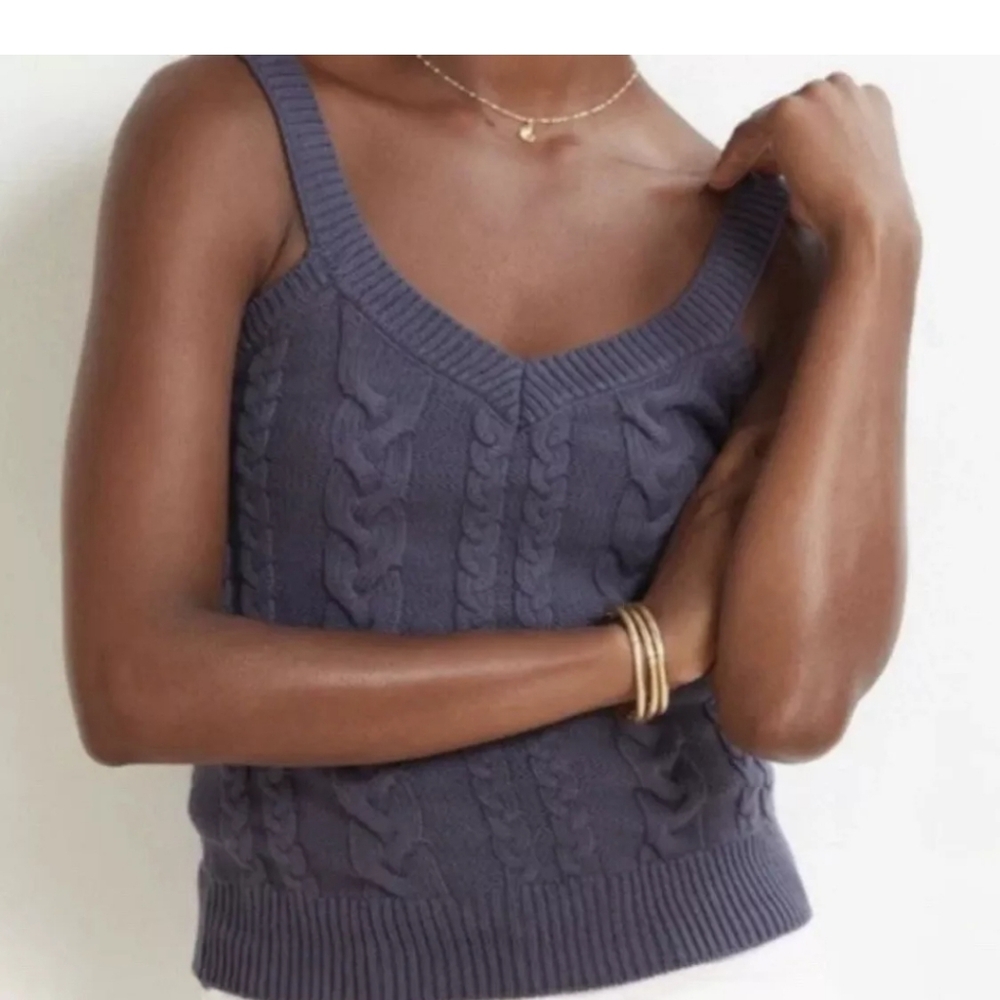 Evereve Maeve Sweater Tank V Neck Cotton Cable Knit Denim Blue Size XS NWOT